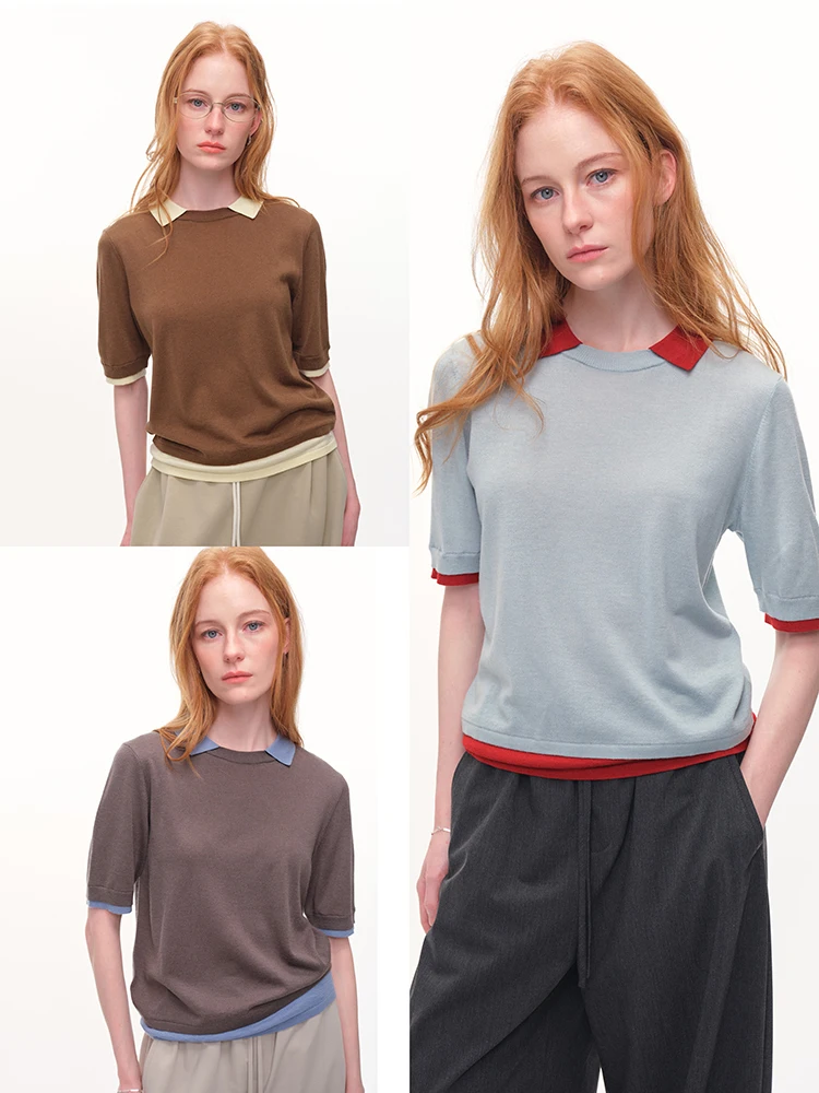 

UMILAB Красивая трикотажная рубашка из тонкой шерсти и ацетата с цветовыми сочетаниями Ba Su Lan, с рукавом до локтя, креативный повседневный свободный крой