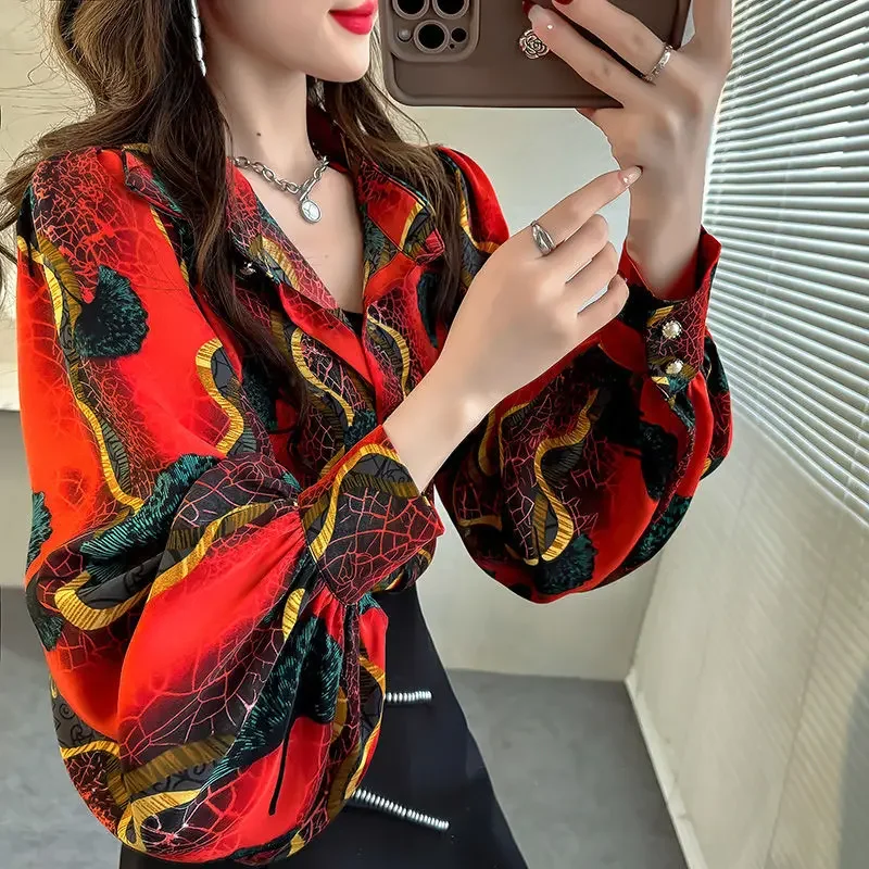 

Spring Korean Fashion Loose Printing Chiffon Polo-Neck Long Sleeve Shirts Women Clothes Casual All-match Appear Thin Tops A151