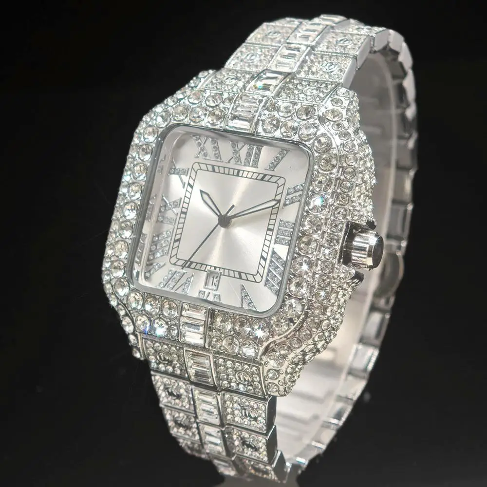 

Luxury Diamond Watch For Men Brand UNIGUET Fashion Square AAA Wristwatch Mans Hip Hop Bling Jewelry Quartz Watches Gift Reloj
