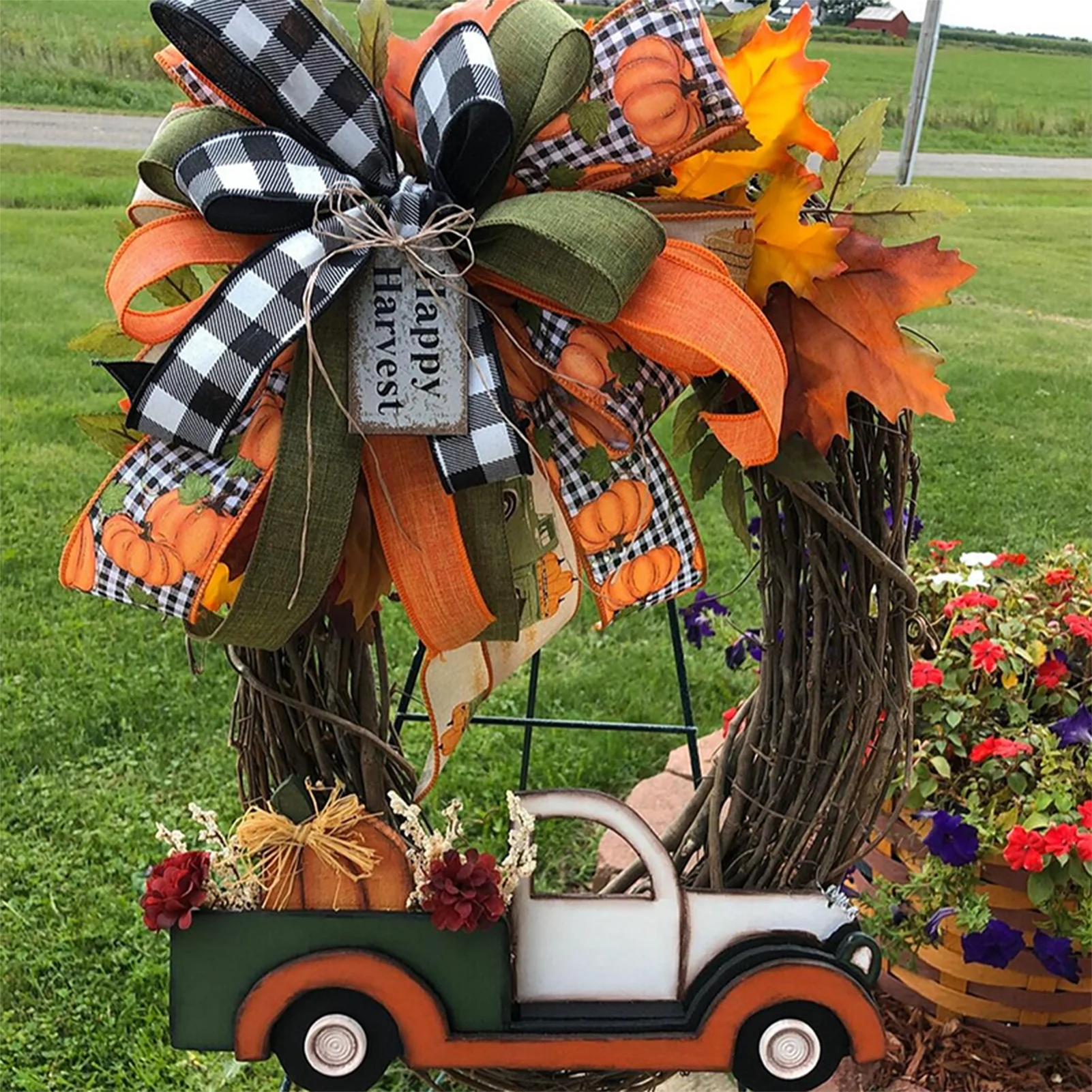 Halloween Pumpkin Cart Wreath Farmhouse Truck Wreath for Halloween Christmas Door Home Farm Decorations Autumn Outdoor Decor