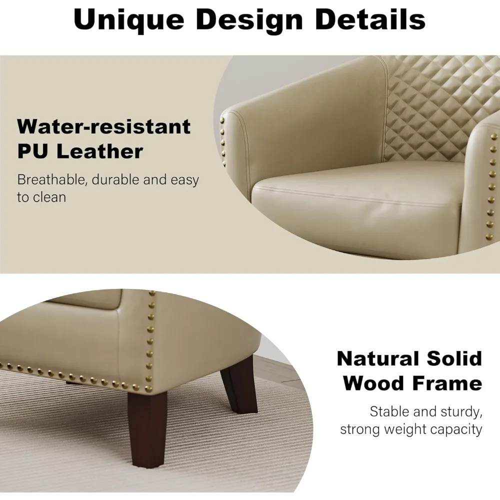 كرسي نادي منجد من الجلد الصناعي مع حواف مسامير، كرسي قراءة مريح لغرفة المعيشة وغرفة النوم وغرفة الاستقبال والمكتب #4