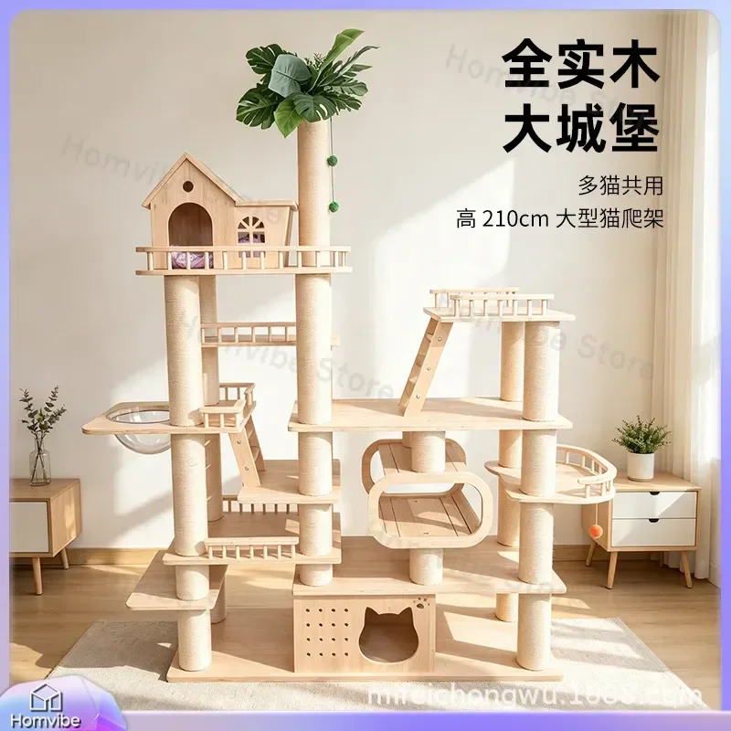 Large Solid Wood Cat Tree Tower Multi Level Cat Climbing Frame with Condo Nest Tunnel Jumping Platform Furniture for Multiple