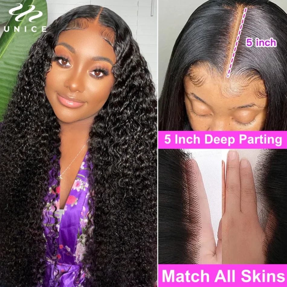 Unice 5x5 HD Lace Wig 100% Human Hair Natural Curly Glueless Wig Pre Cut Pre Bleached Pre Plucked Human Hair Lace Front Wig