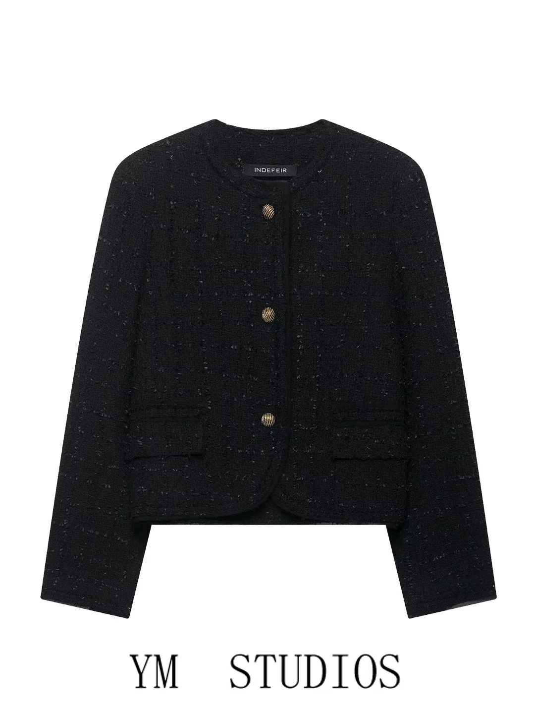 Black Boucle Short Coat Women's round Neck Buttoned Autumn Texture Top Loose Fit Style Long Sleeve Striped Pattern