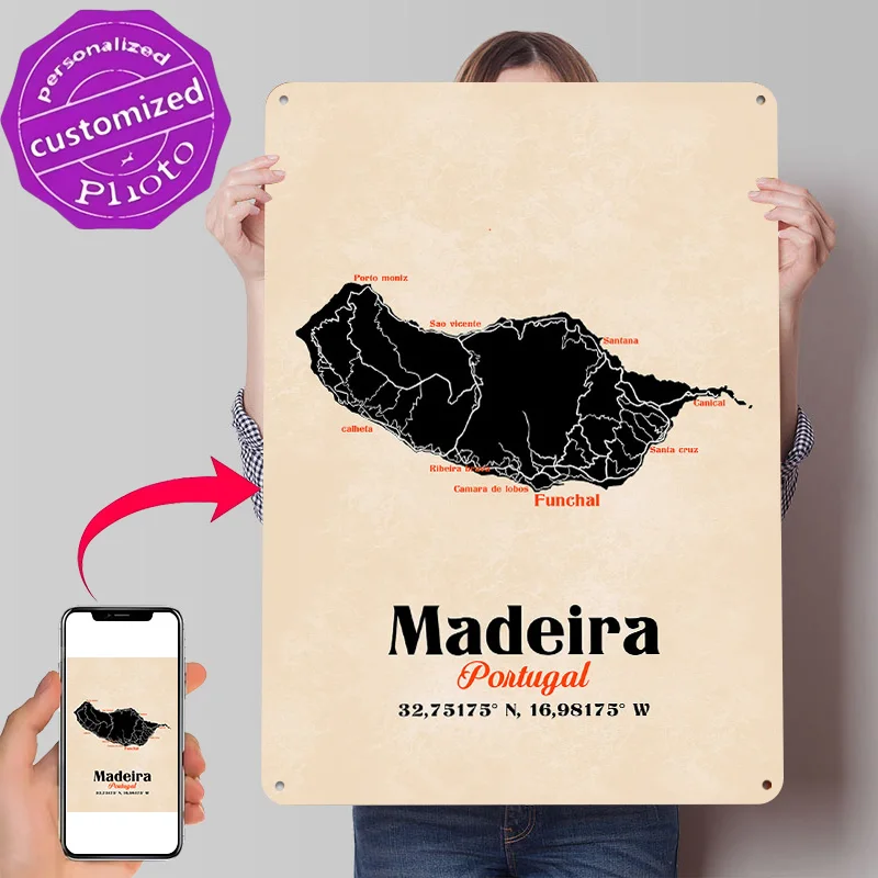 Madeira Portugal Map Art Poster Retro 3D Printed Metal Signs Customized Wall Hanging Gift for Bedroom Decorations Desk Decor