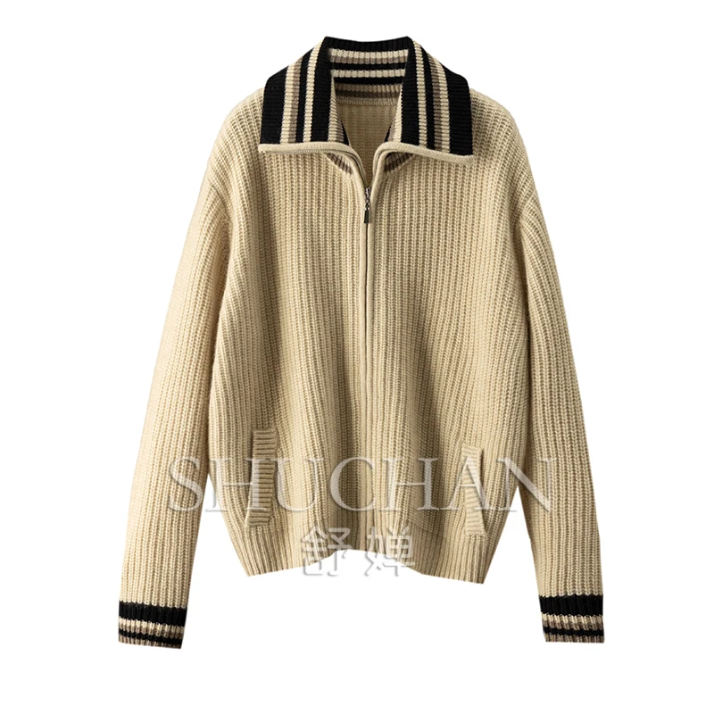 

Thicken Warm Luxury Retro Lapel 100 Cashmere Zipper Sweater Cardigan Jacket Women Sueter Mujer Invierno 2024