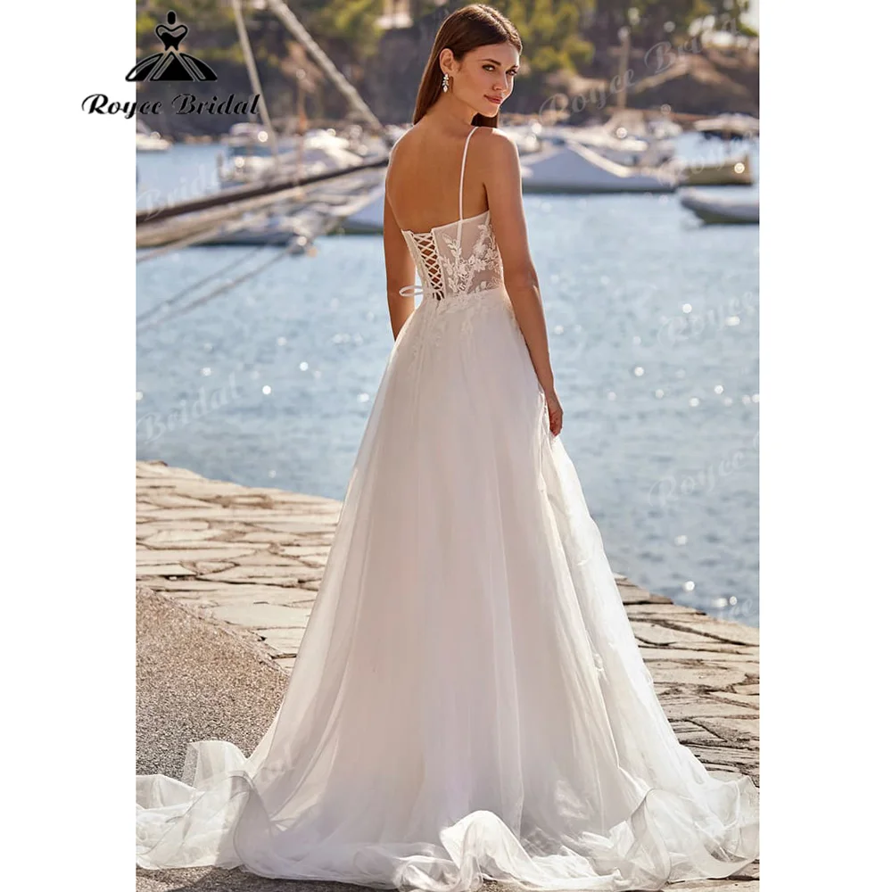 Roycebridal Spaghetti Strap Corset Lace A Line Wedding Dress High Side Slit Lace Up Back Court Train Vestido De Novia Customized