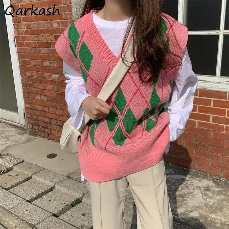 Sweater Vests Women Pink Sweet Simple Students Argyle All-match Street College Hipster Clothing Female Loose Mujer Y2k Ulzzang