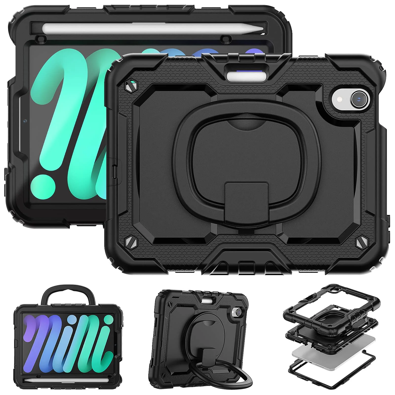 For iPad Mini 7 6 2024, Military Grade Shockproof Silicone Cover with 360 Folding Handle Grip + Handle Shoulder Strap