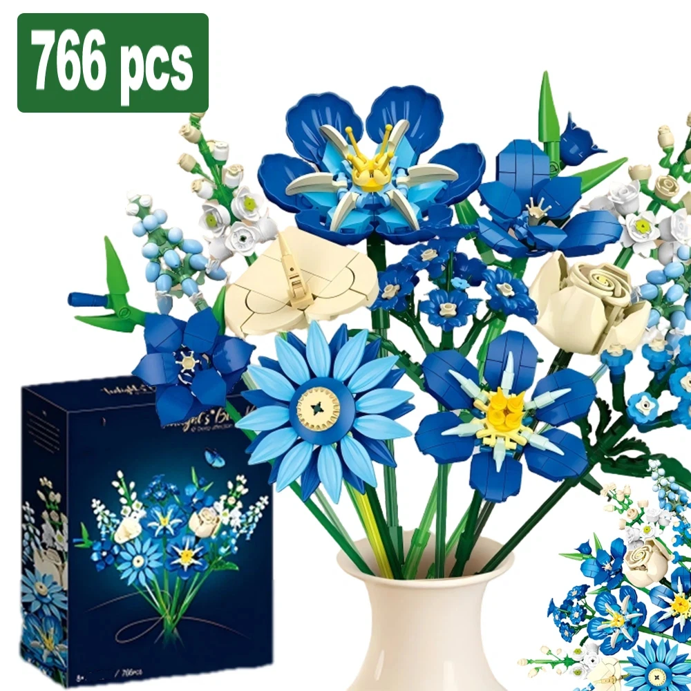 

766PCS City PMidnight Blue Tulip Building Blocks Flowers Potted Simulation Model Home Decor Kids Puzzle Toy Girls Birthday Gifts