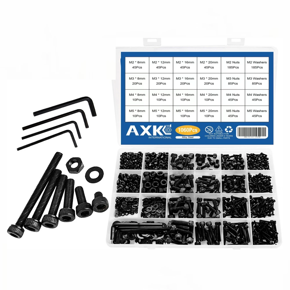 1060pcs M2 M3 M4 M5 Hex Socket Screw Set Carbon Steel Flat Round Cap Head Screws Bolts and Nuts Assortment Kit with Storage Box