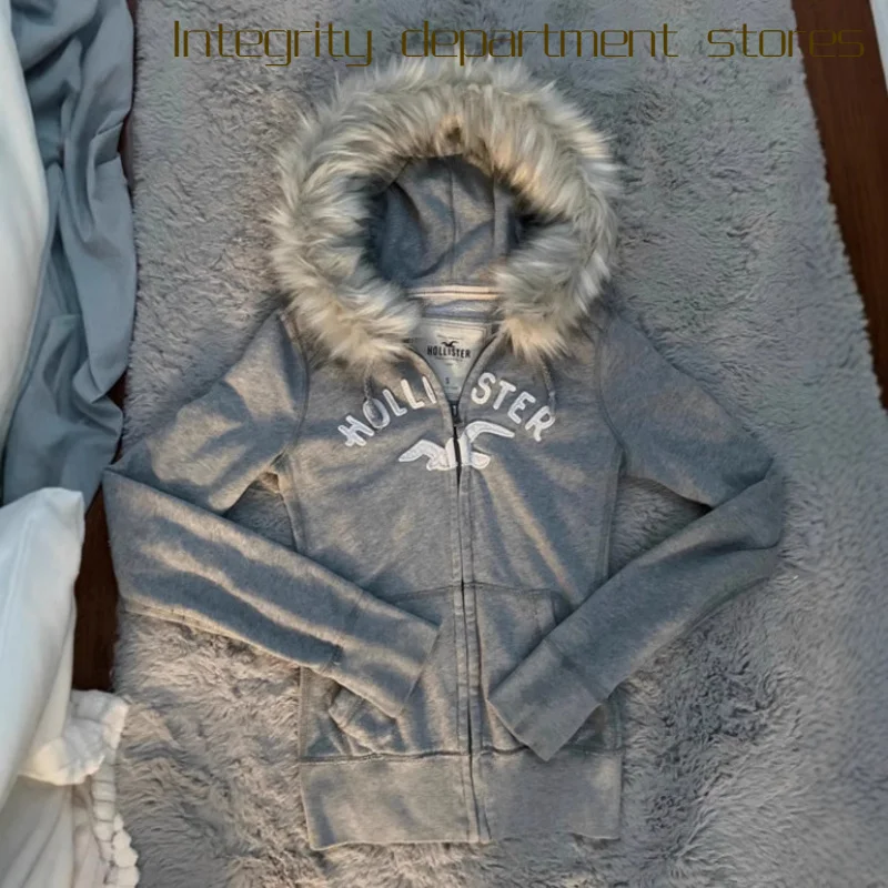

Loose Casual Hooded Sweatirt Letter Print Fur Collar Splice ket Women's T-irt Korean Sle Long Sve Polyester Fabric