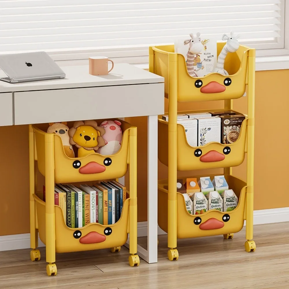 CANBOUN Children'S Toy Storage Rack Kitchen Trolley Living Room Cartoon Bookshelf Movable Snack Organizer Shelf Cute Pulley Roll