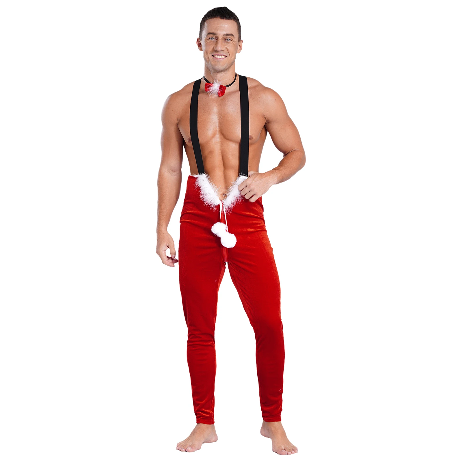 Sexy Mens Red Christmas Cosplay Stage Performance Party Costume Bodysuit Plush Ball Zipper Strap Jumpsuit +Bowknot Neckband