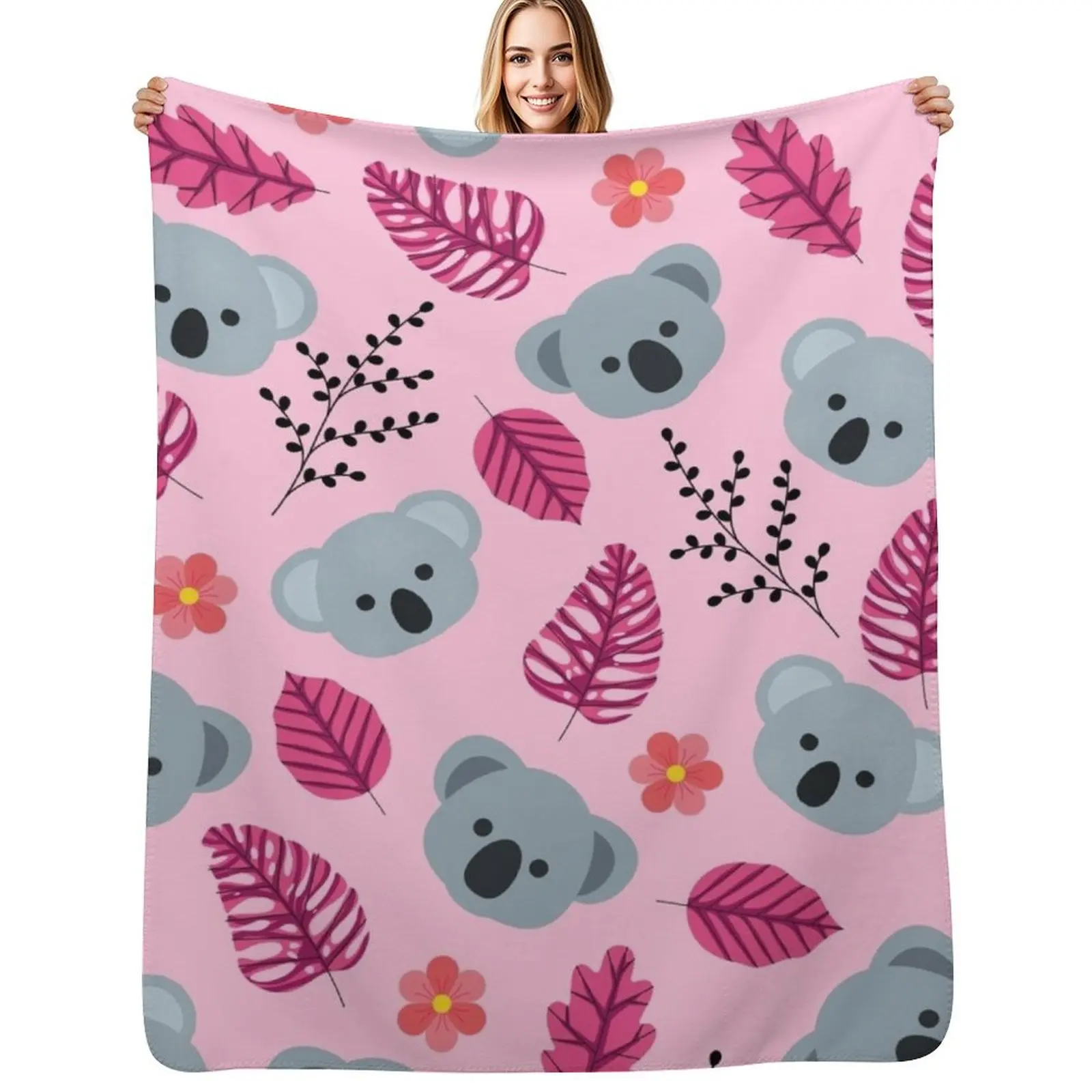 Koalas in the Forest (pink) Throw Blanket Flannel Giant Sofa Polar Decoratives Soft Big Flannel Fabric Blankets