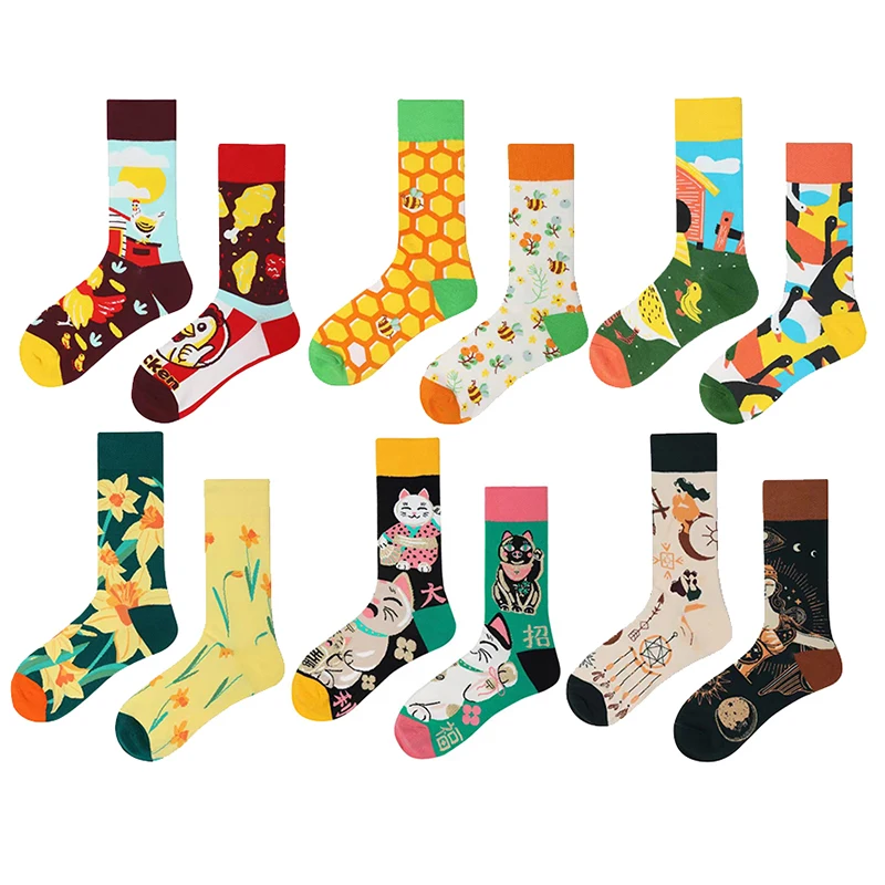 Chaussettes colorées en coton pour hommes et femmes, chaussettes à tube moyen haut, quatre saisons, originales, AB Tide, chat, chien, koala, vache, unisexe, 1 paire