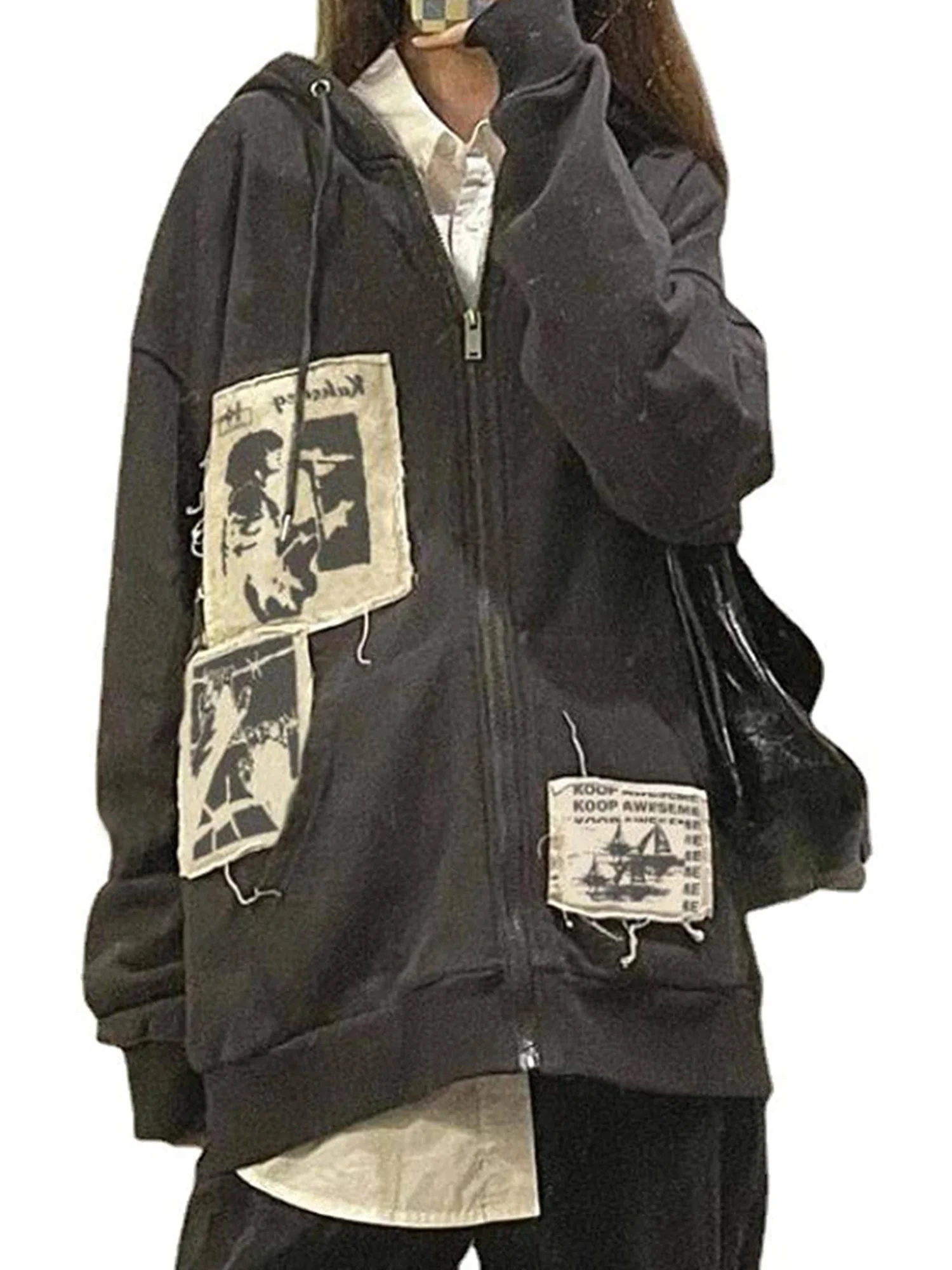 

Women Y2k Gothic Hooded Sweatshirt Y2k Zip Up Sweatshirt Aesthetic Hoody Chic Letter Print Casual Style Loose Spring Clothing H