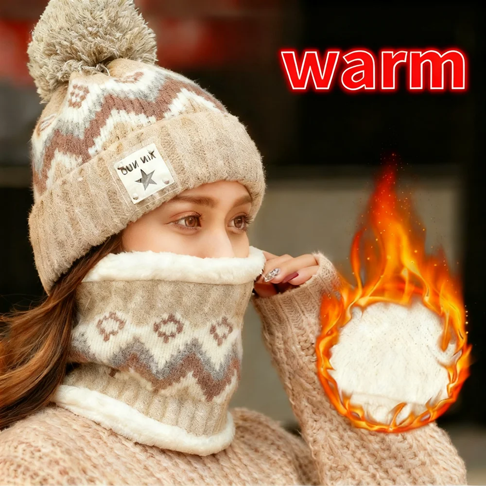 2PCS Winter Women Plush Velvet Hats Neck Warmer Hat Scarf Set Beanies Cycling Windproof Hat Outdoor Ear Protection