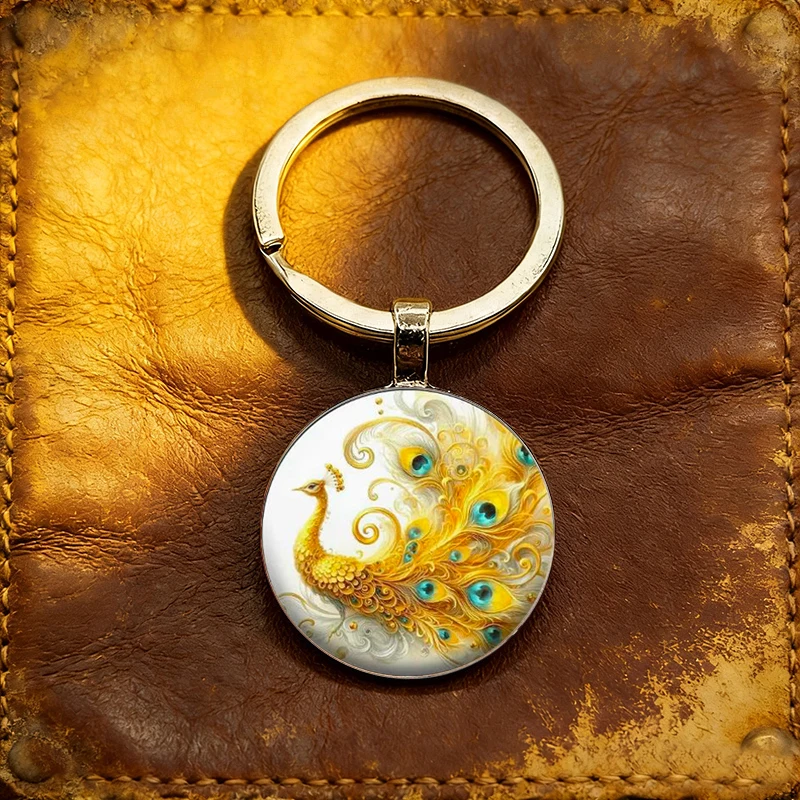 5PCS Lucky Yellow Feathered Peacock Gorgeous Pattern Keychain Open Screen Good Luck Perfect Gift Selection