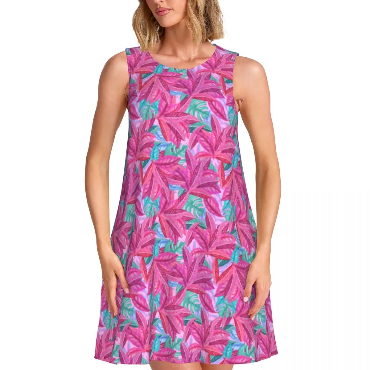 Cute Beach Leaf Tank Dress Pink Leaves Print Sleeveless Modern Dresses Women O Neck Simple Dress Day Pattern Clothes Gift Idea
