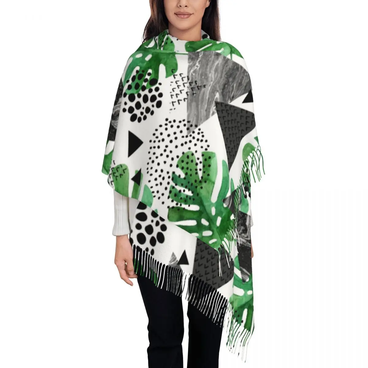 

New Women Watercolor Tropical Leaves Marble Scarf Winter Shawls Thin Wrap Lady Tassel Warm Scarf Hairy Bufanda