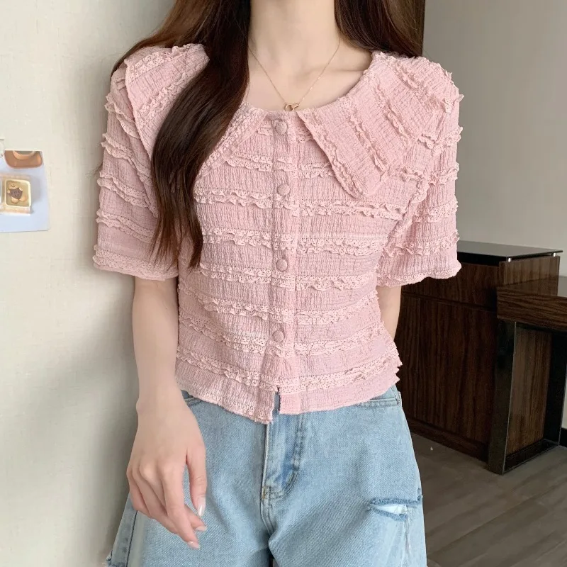 Camisas de manga curta das mulheres casual streetwear moderno e minimalista blusa de algodão macio botão para baixo solto ajuste turn collar chique