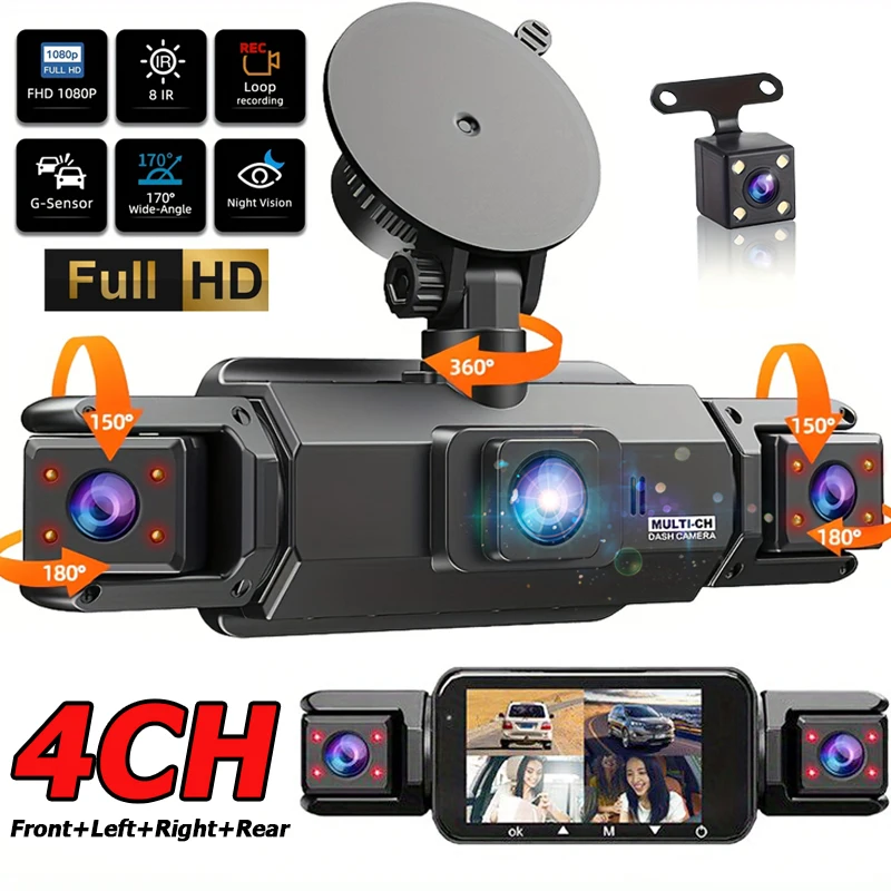 4Lens 360° Dash Cam Voice 1080P Video Recorder Car DVR Recording Camera Front Left Right Rear View Auto 4Ch DashCam 24H Parking