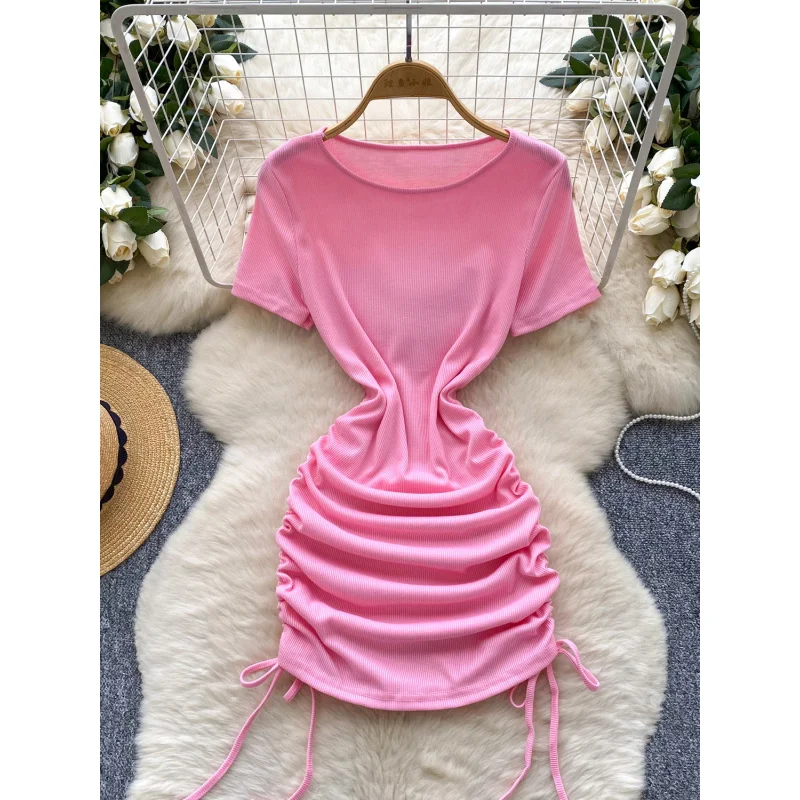 Vrouwen 2025 chique zomer trekkoord bodycon mini korte jurk casual party geplooide schede ruches stretch nachtclub t-shirt jurk