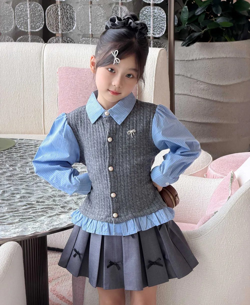 Autumn baby girl clothes kids tops baby false two-piece school school Knitted patchwork shirt top fashion clothes