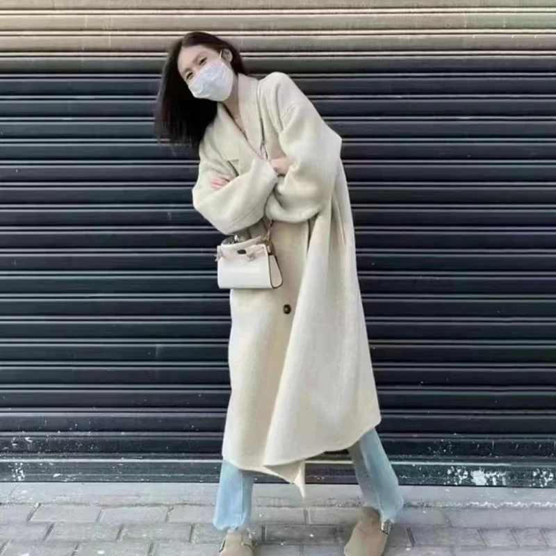 New Mulberry Silk Superfine Wool Coat Thick Double-sided Cashmere Coat Double-breasted Women Lapel Long Winter Wool & Blends