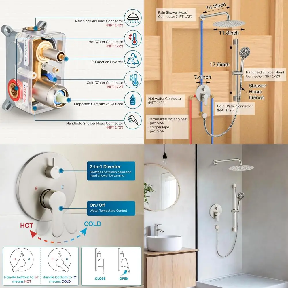 

12-Inch Round High-Purity Shower System with 6-Spray Handheld Combo and Wall Mount Kit in Brushed Nickel