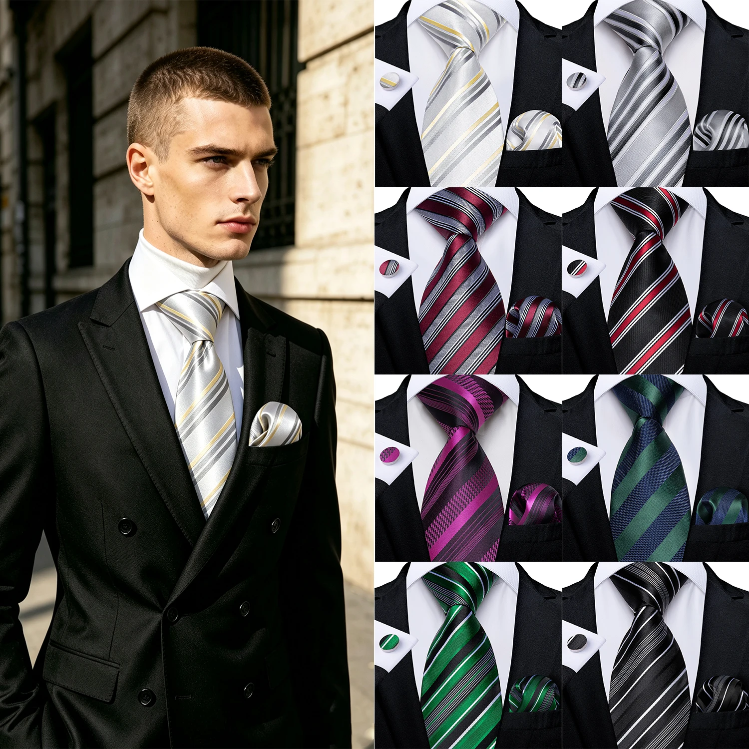 Striped Formal Tie Set 3Pcs Mens Handkerchief Cufflinks for Wedding Party Business Groomsmen Banquet Office