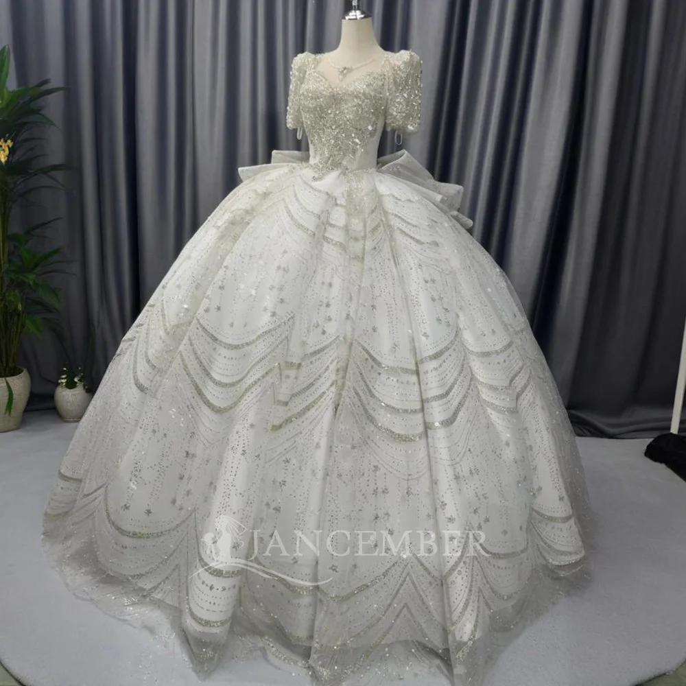 

Vintage Wedding Dresses Sequins Bridal Ball Gowns Short Sleeves Beaded O-Neck Customized Princess Bride Dress Vestidos De Novia