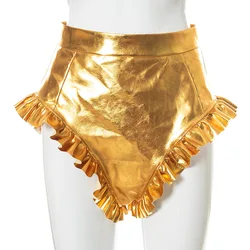 Womens Solid Color Shiny Metallic Shorts Summer High Waist PU Leather Ruffle Trim Short Pants Gold/Silver/Pink/Red/Purple/Green