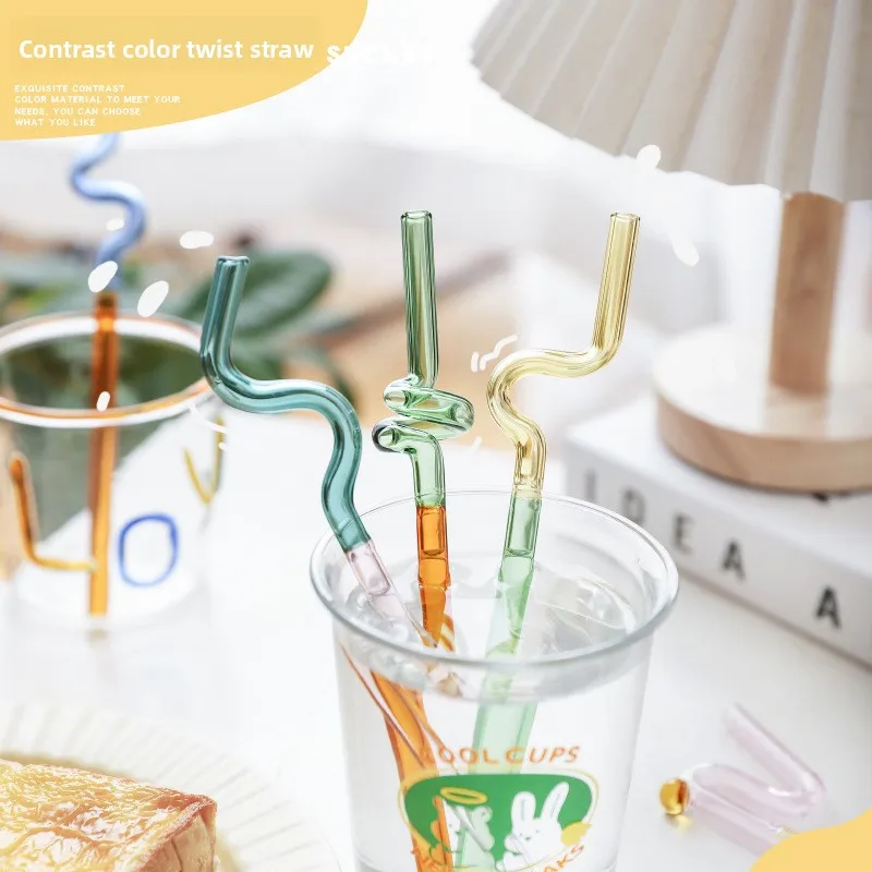 New Japanese Style Glass Straw Gift Box Set Transparent Juice Milk Beverage Straw Milk Tea Colored Contrasting Twisted Bend Tube