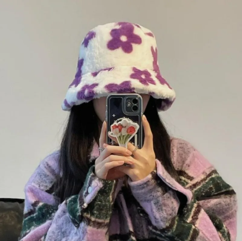 New Floral Plush Bucket Hat for Women Fur Fisherman Cap Winter Thick Warm Panama Caps Soft Velvet Furry Basin Hat Flower Bonnet