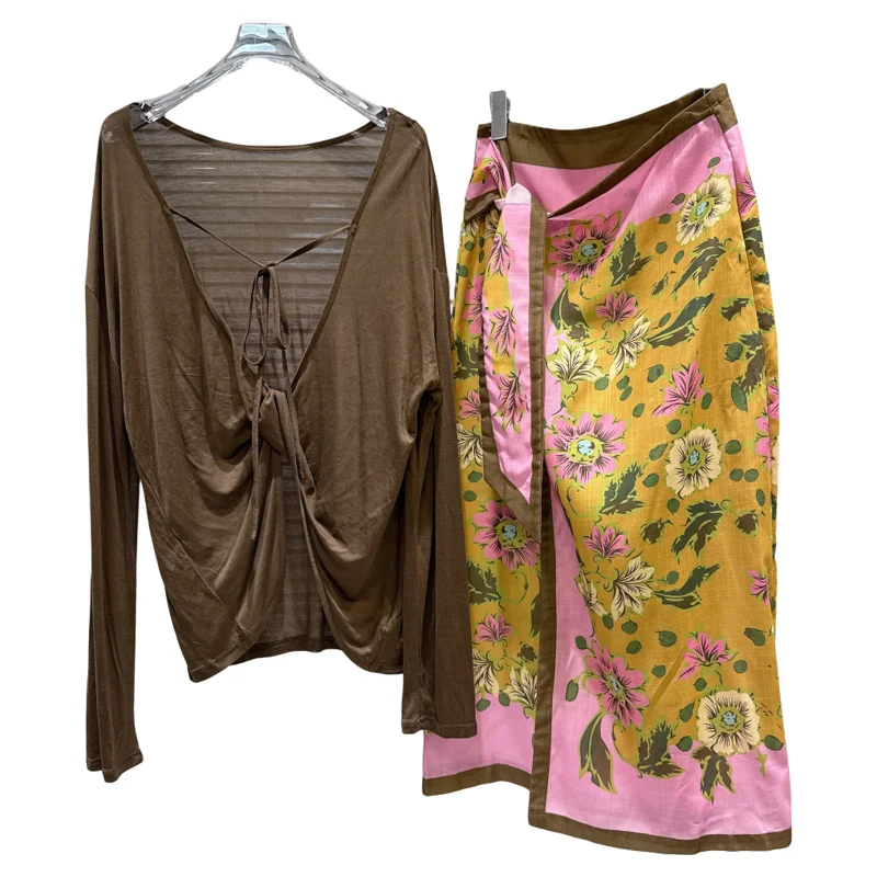 

Sweet And Cool Bal, футболка с v-образным вырезом и юбка с цветочным принтом, осень 2023, новый женский комплект Faion Sle Long Sve