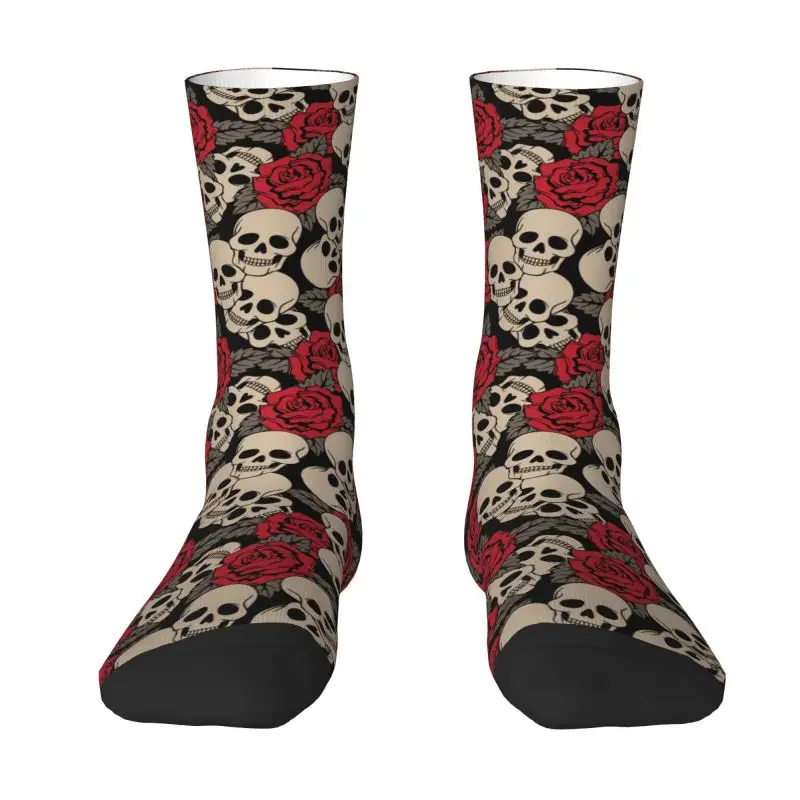 Roses Flower Death Skull Pattern Mens Crew Socks Unisex Funny 3D Print Gothic Skeleton Dress Socks