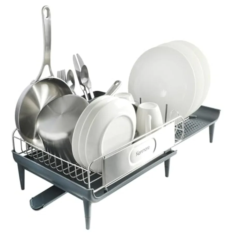 

Loxdell Expandable Full Size Rust Resistant Dish Rack with Drain Board and Flatware Caddy in Stainless Steel Gray for Kitchen C