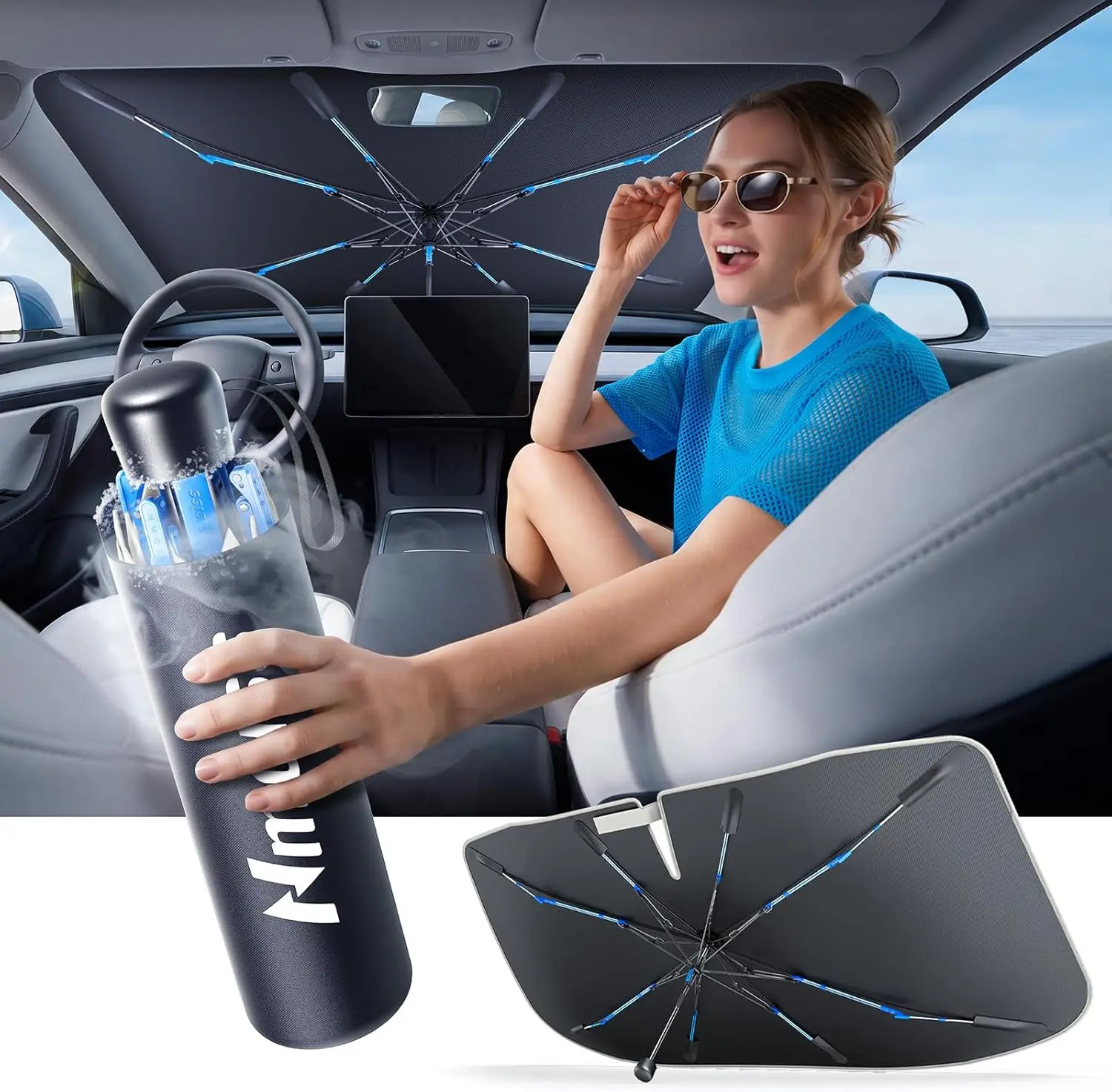 

Fast Cooling Windshield Sun Shade Umbrella, 99% UV Block, Heat Protection for Car, Medium (56"x31")
