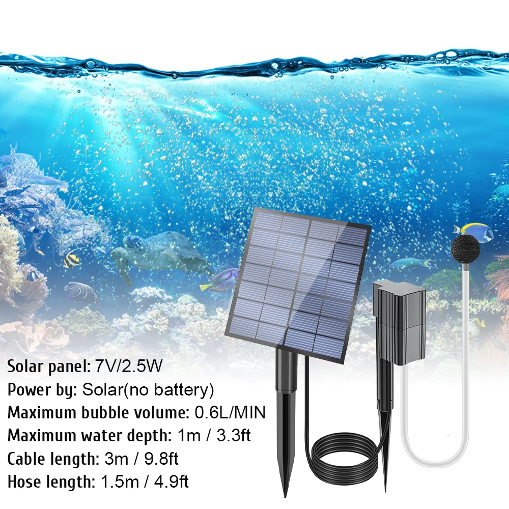 مضخة هواء 2.5 وات/7 فولت أكسجين 0.6 لتر/دقيقة مضخة شمسية للبركة مع حجر فقاعي واحد وسباق أرضي لبركة الأسماك في الحديقة الخارجية