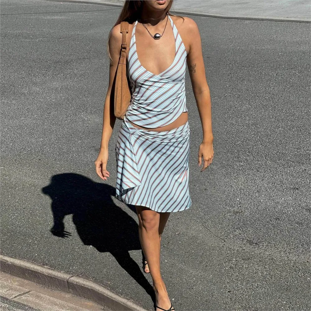 2026 Summer New Woman 2 Piece Set Outfit Beachwear Arrival Backless Halter Neck Strap Striped Skirt Suit Two Piece Outfits Woman