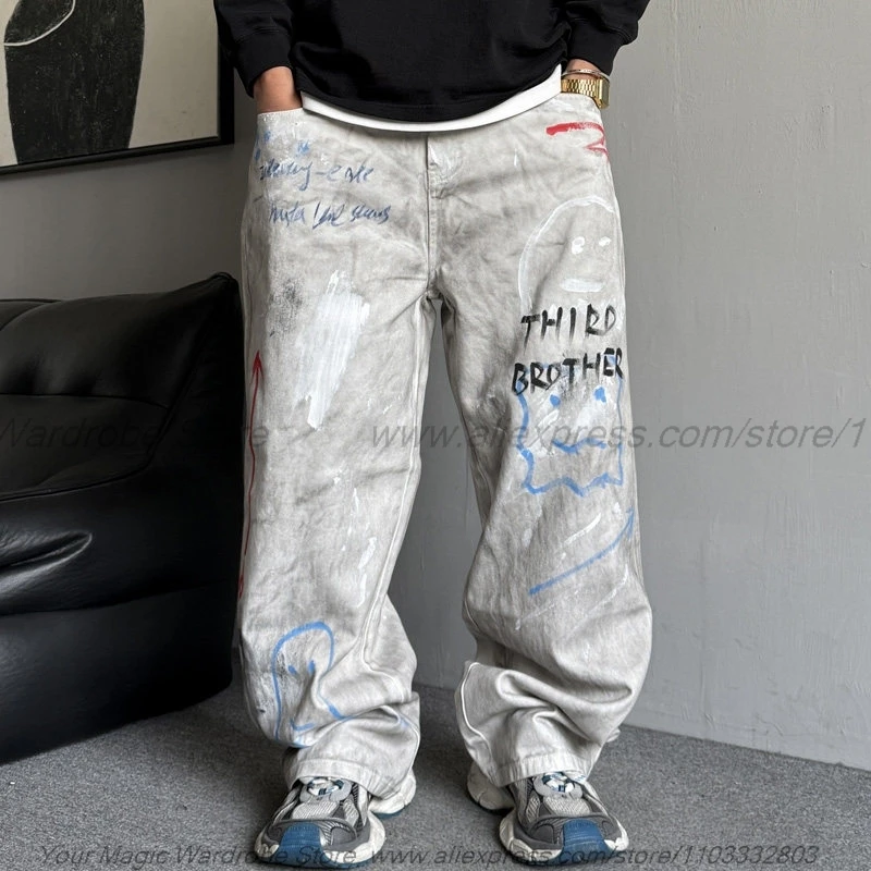 Graffiti Painted Vintage Distressed Post-Apocalyptic Wasteland Style Jeans Men Straight Loose High Street Wide-Leg Pants