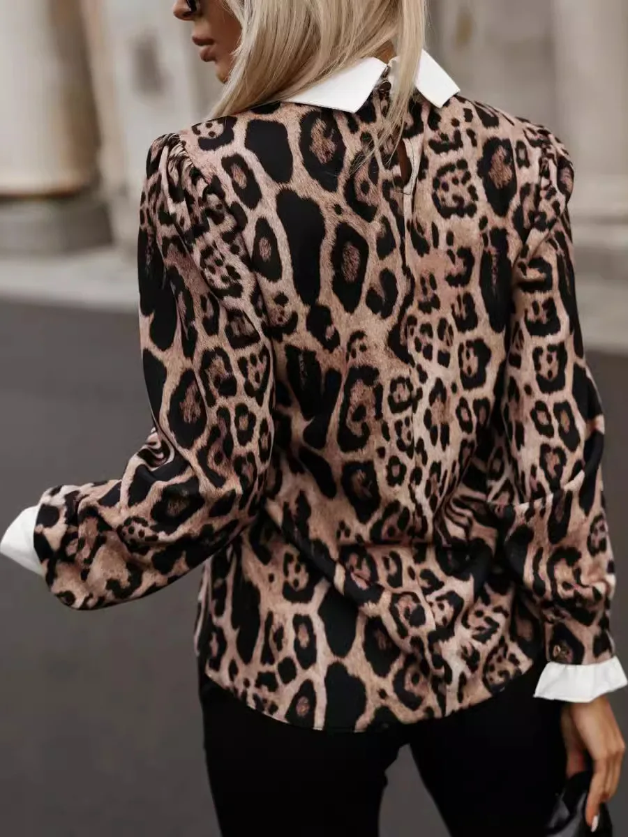 Donna lunga Sve stampata colletto rialzato irt casual per il tempo libero modello leopardato poliestere vestibilità ampia collezione autunnale da ufficio