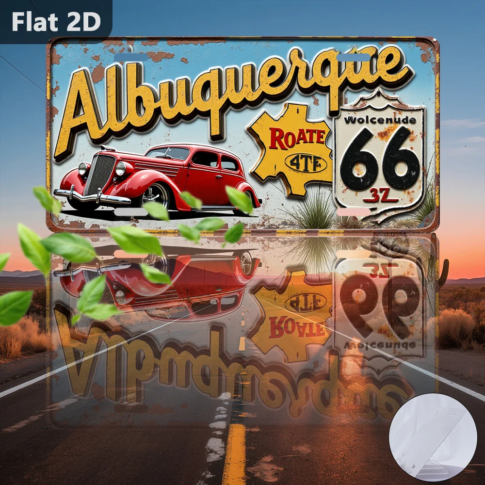 2D Flat, 1pc Outdoor Sign and Wall Decor, Albuquerque Route 66 Vintage Car, License Plate Style, Suitable for Hanging