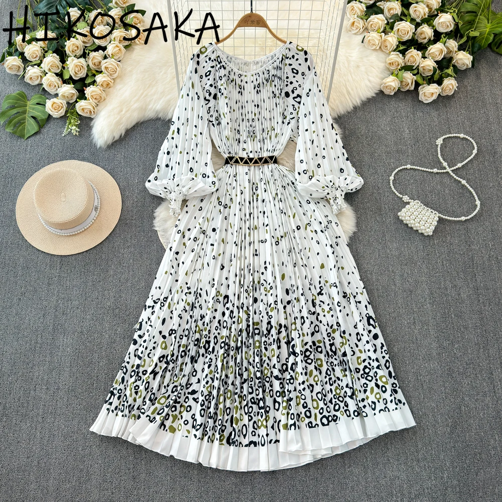 

Vintage Print Pleated Big Swing Dress Women O-neck Slim Waist Lantern Sleeve Robe 2025 New Chic Elegant Vestidos Femininos
