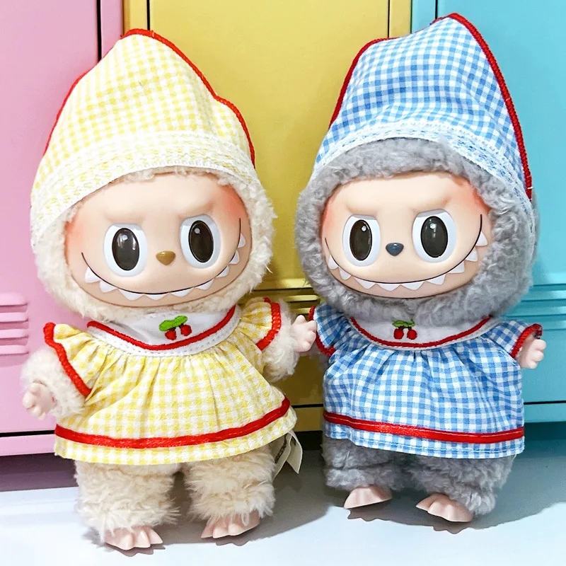 라부부 15cm 17cm 인형용 의류 1세대부터 3세대까지 귀여운 체리 체크 스커트와 헤드스카프 세트 의류 액세서리