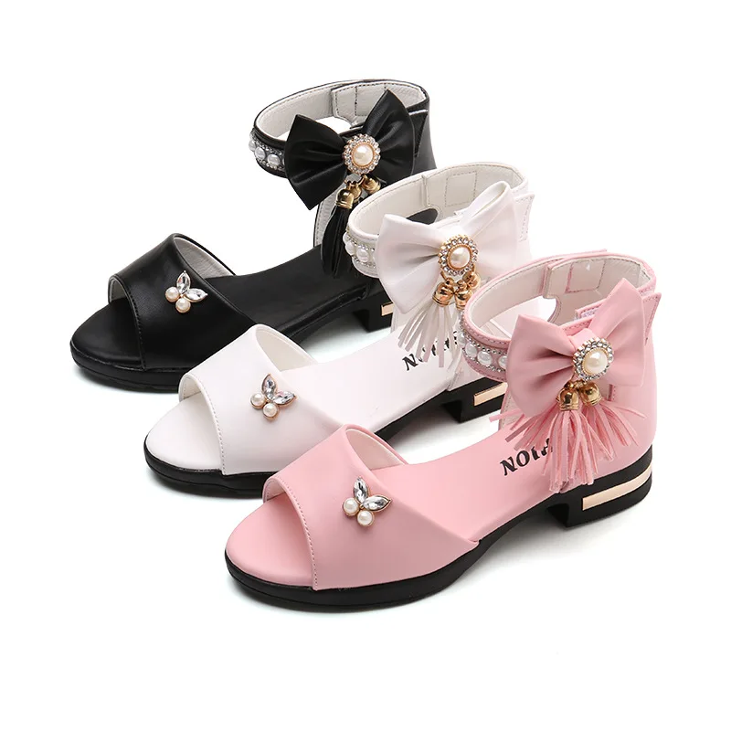 Kids Sandal Girls Summer Shoes Children High Heels For Girl Kids Tassel Beading Princess Shoes 4 5 6 7 8 9 10 11 12 13 14 Years