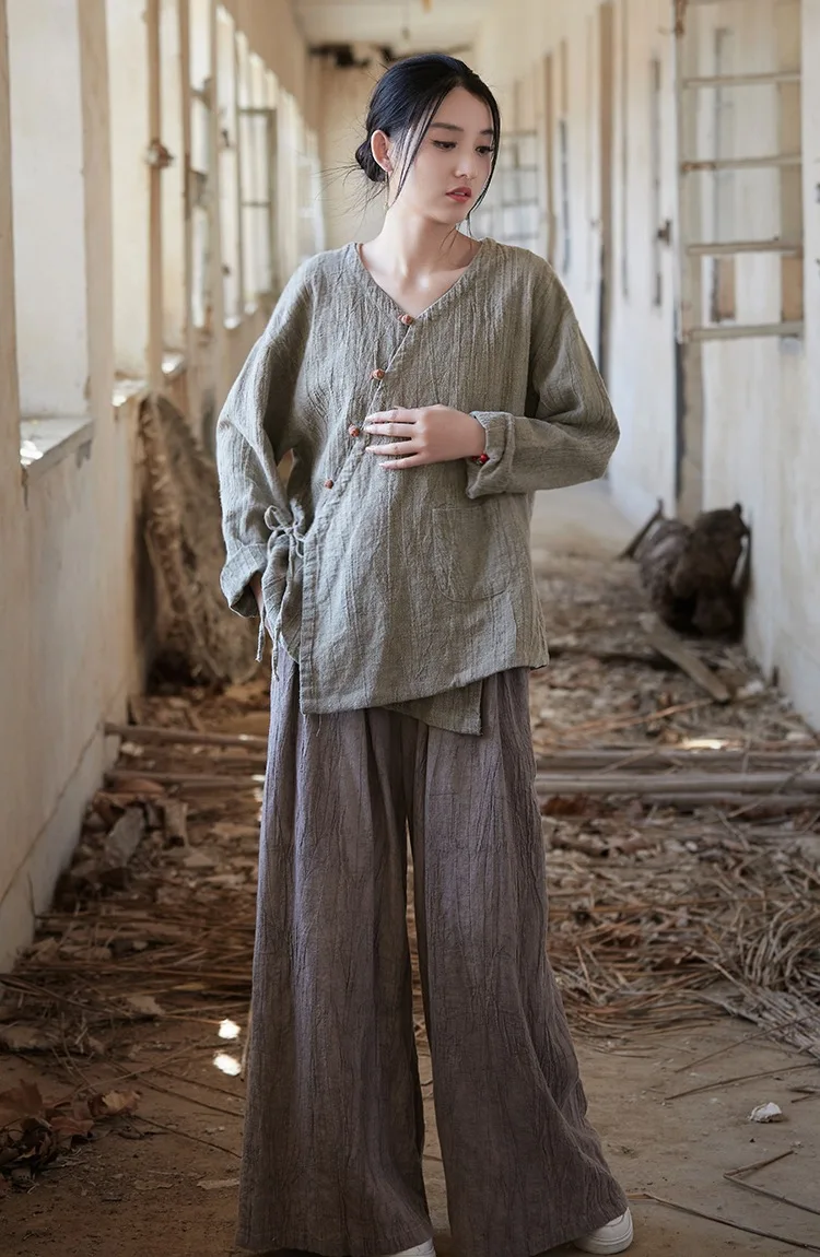 Autumn Ramie Shirt: Handmade Tie-Dye, Modern Diagonal Placket, Loose & Slim-Fit Cardigan.