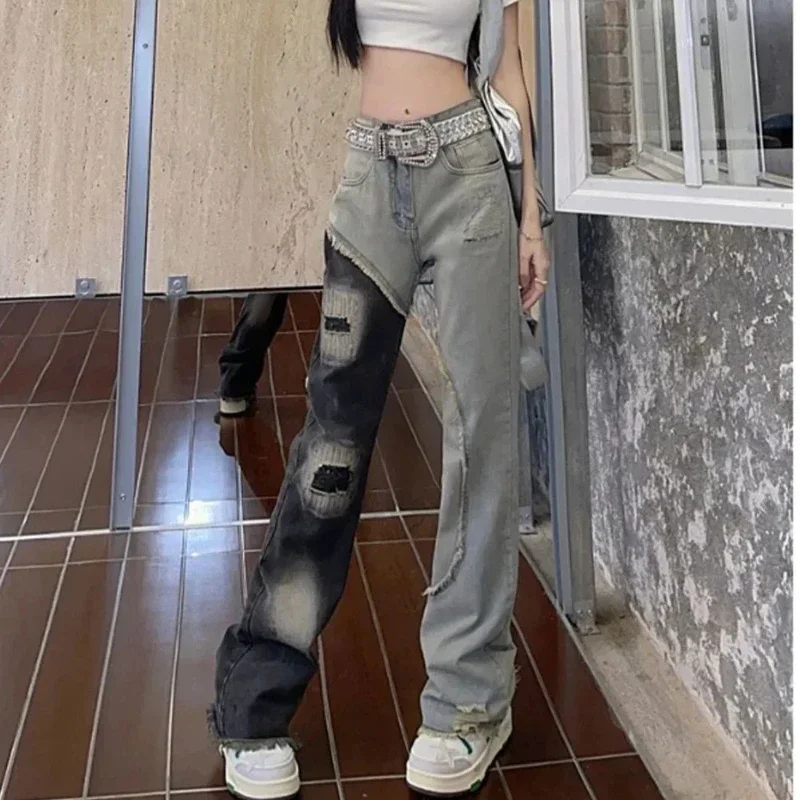 Jeans strappati da donna Pantaloni in denim a vita alta per donna con fori Pantaloni Splicing Unico all'ingrosso chic ed elegante Vintage Z